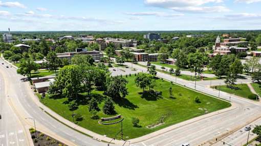A view of a roundabout with a grassy area in the middle and buildings in the background.