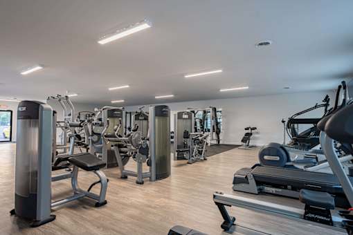 A gym with a variety of equipment including treadmills, weights, and exercise machines.