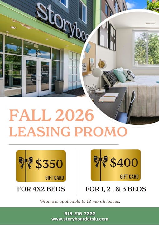 A promotional image for a leasing offer from Storybook Apartments for Fall 2026.