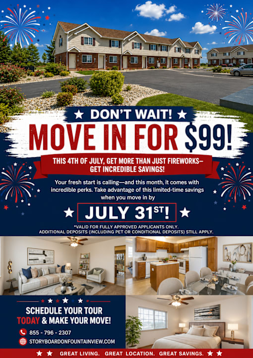 A promotional image for a housing complex with a special offer to move in for $99 on July 31st.