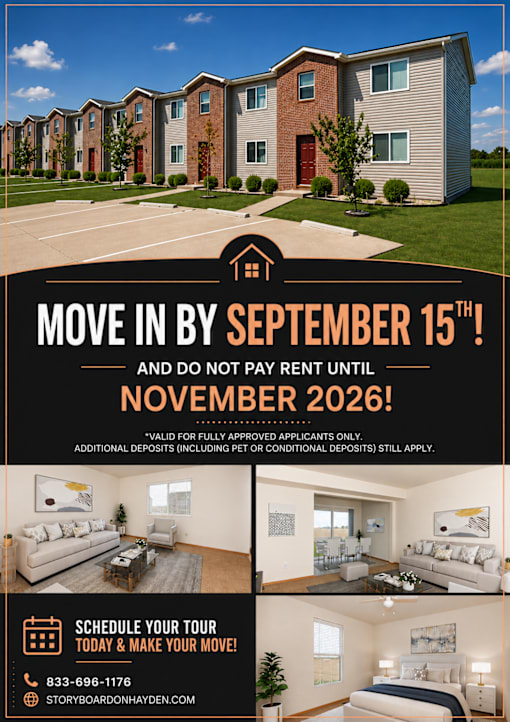 A housing advertisement offering move-in by September 15 and no rent until November 2026.
