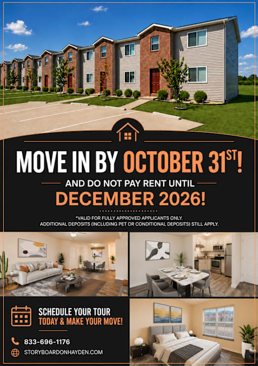 A promotional image for a housing complex with a deadline to move in by October 31st.