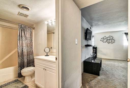 A bathroom with a toilet, sink, and mirror.