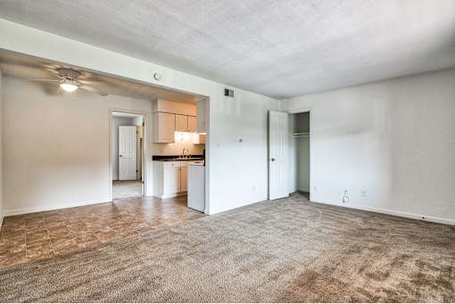 A spacious room with a carpeted floor and a kitchen area visible through the open door.