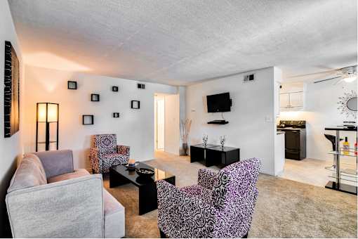 A living room with a grey couch, a black coffee table, and a purple chair with a patterned design.