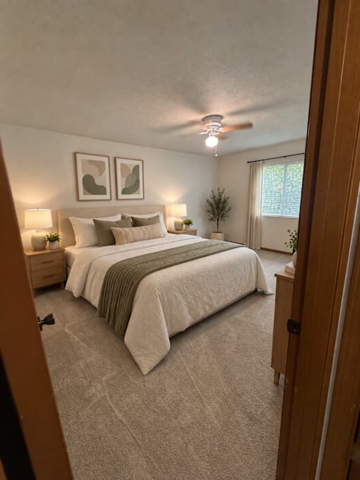 A bedroom with a large bed and two framed pictures on the wall.