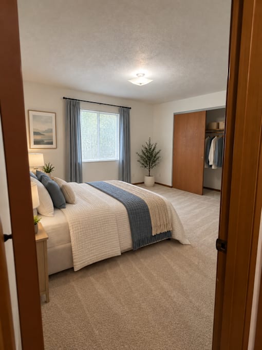 A bedroom with a bed, a small tree, and a painting on the wall.