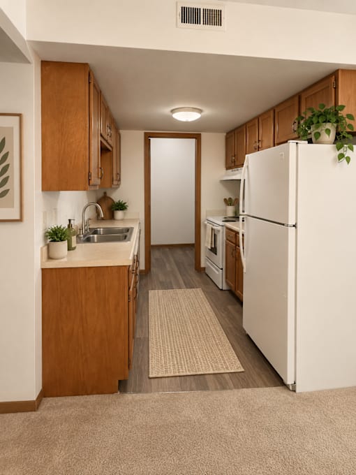A kitchen with a white refrigerator and wooden cabinets.