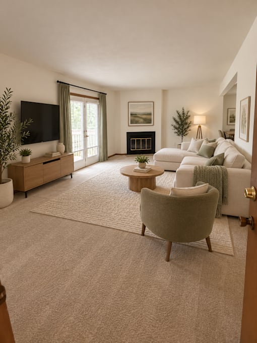 A living room with a grey armchair, a white sofa, a wooden coffee table, a flat screen TV, and a fireplace.