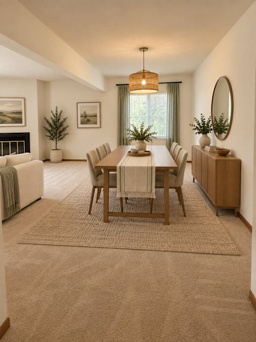 A dining room with a table set for six and a couch with a throw on it.