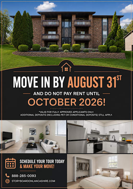 A real estate advertisement offering a move-in by August 31st with a phone number and website provided for scheduling a tour.