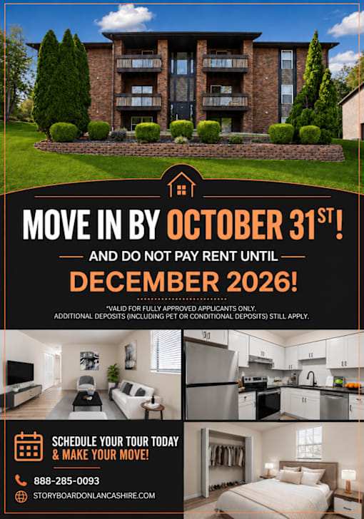 A real estate advertisement offering a move-in by October 31st with a tour available.