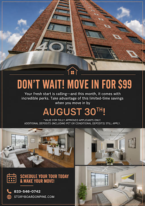 A promotional image for a move-in special at a building called 1405, offering a $99 move-in fee.