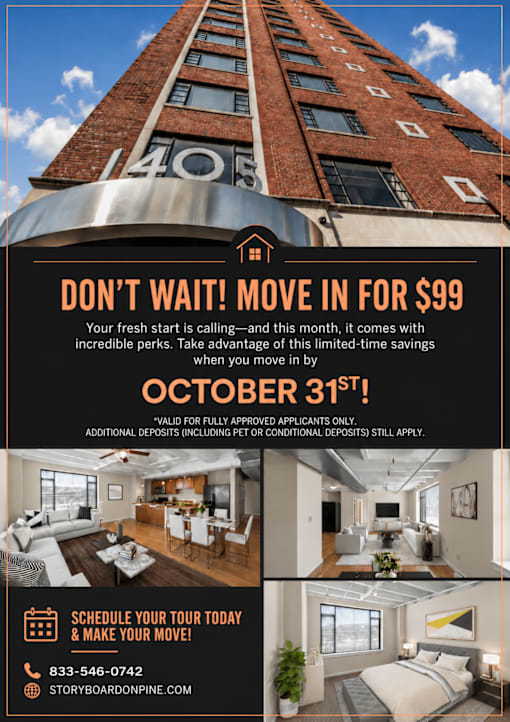 A promotional image for a building with the number 1405 on it, advertising a move-in offer for $99.