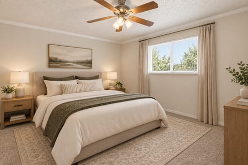 A bedroom with a large bed, a ceiling fan, and a painting on the wall.
