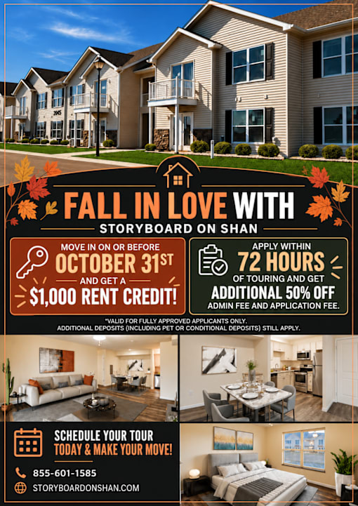 A fall in love with Storyboard on Shan advertisement offering a $1,000 rent credit for tours booked by October 31st.
