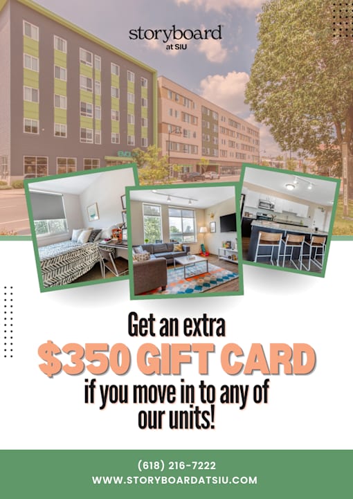 An advertisement for Storyboard at SIU offering a $350 gift card for new residents.