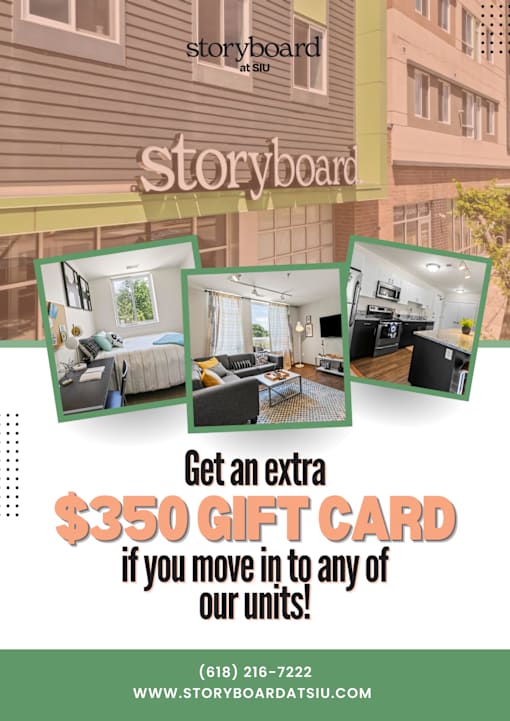 An advertisement for Storyboard at SU offers a $350 gift card for moving into any of their units.