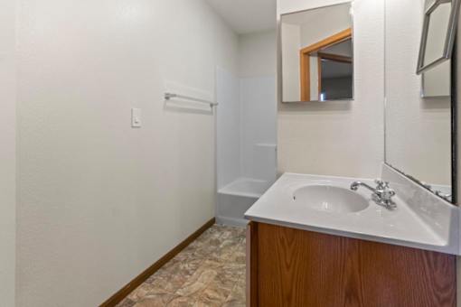 A bathroom with a sink, mirror, and shower.
