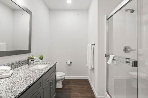A bathroom with a sink, toilet, and shower.