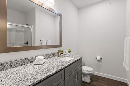 A bathroom with a granite countertop and a mirror above it.