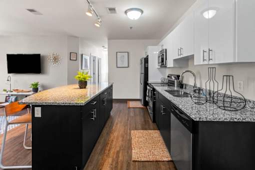 A modern kitchen with black cabinets and a granite countertop.