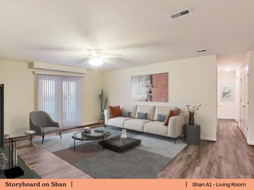 a living room with a couch and a table