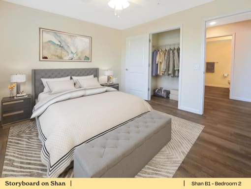 a bedroom with a bed and a closet
