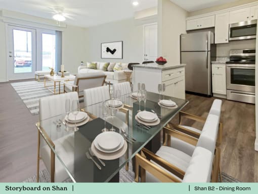 a living room and dining room with a glass table and chairs
