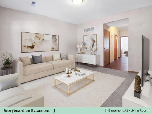 a living room with a couch and a coffee table