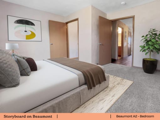 a bedroom with a bed and a potted plant
