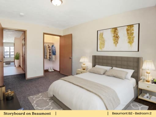 a bedroom with a bed and a closet