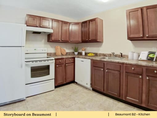 a kitchen with white appliances and brown cabinets