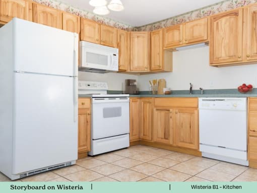 a kitchen with white appliances and wooden cabinets