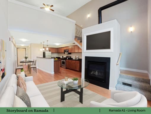 a living room with a fireplace and a tv