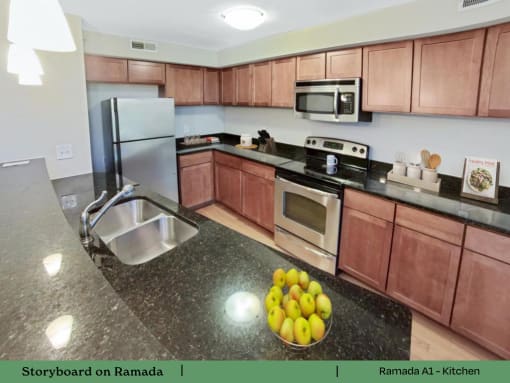 a kitchen with granite counter tops and stainless steel appliances