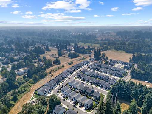 A bird's eye view of a residential area with houses and trees.