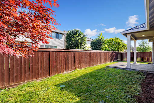 A red tree is in front of a grey house.