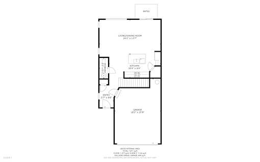 A floor plan of a house with a living room, dining room, kitchen, and garage.