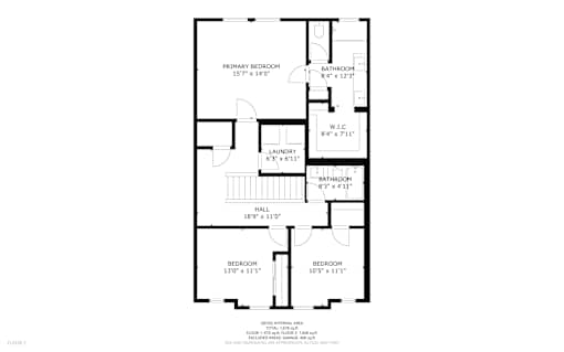 Floor plan of a house with a primary bedroom, two bathrooms, a laundry room, a hall, and two bedrooms.