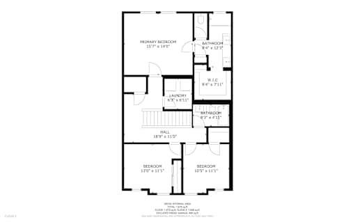 Floor plan of a house with a primary bedroom, laundry room, bathrooms, hall, and two bedrooms.