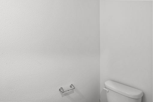 A white toilet is next to a white wall.