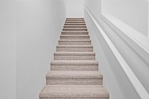 A staircase with a carpeted runner and risers.