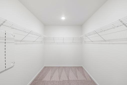 Empty walk-in closet with white walls and shelves.