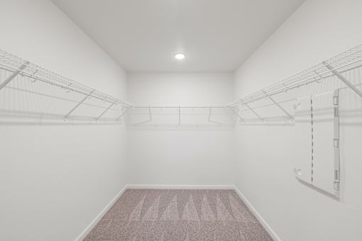 Empty walk-in closet with white walls and shelving.