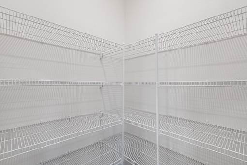Empty wire shelving in a white room.