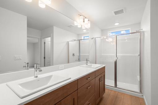 Bathroom with a white sink and a walk-in shower.