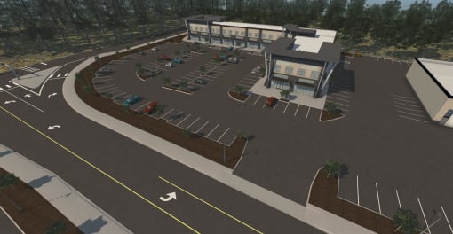 a rendering of a parking lot with a building