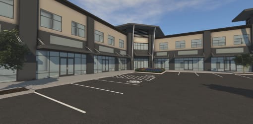 an architectural rendering of the exterior of a building with a parking lot