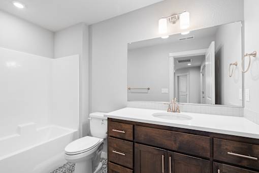 Primary Bath, Stained Shaker Cabinet, Ample Lighting